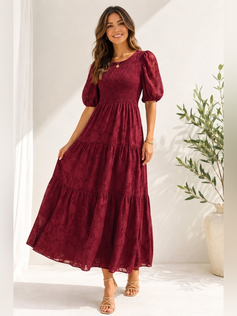 Women's Burgundy Maxi Dress with Puff Sleeves